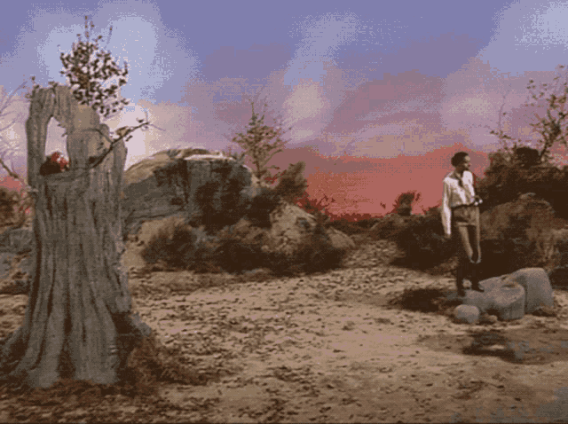 a man in a white shirt is standing in a desert looking at a tree stump