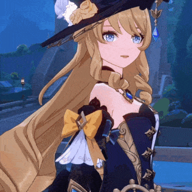 a girl with long blonde hair and blue eyes wearing a hat