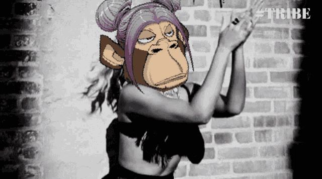 a black and white photo of a woman with a monkey face on her head and the hashtag #tribe