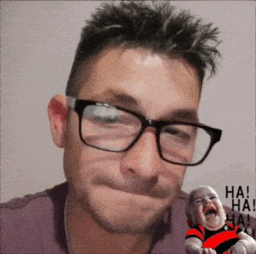 a man wearing glasses is making a funny face next to a picture of a baby laughing