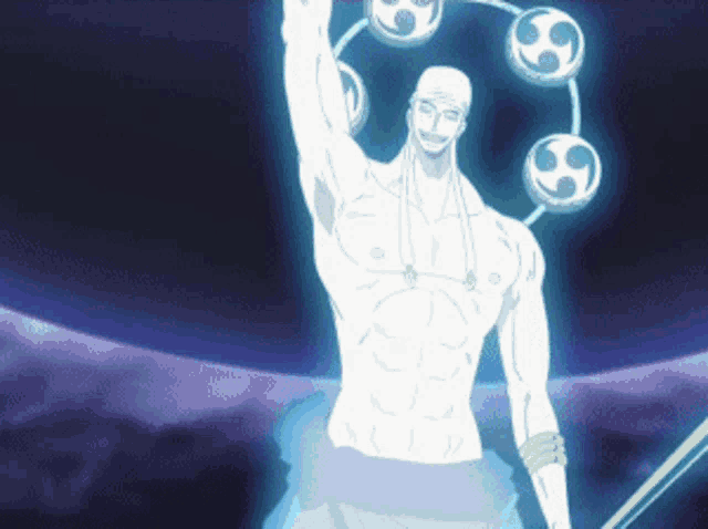 a drawing of a man without a shirt holding a lightning bolt