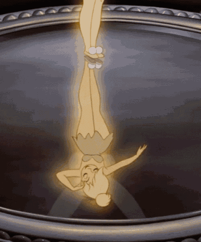 a cartoon of tinkerbell hanging upside down on a mirror