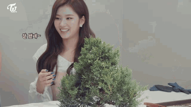 three women are sitting at a table with potted plants and a sign that says twice beauty