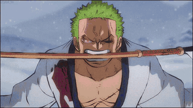 a cartoon character with green hair is holding a sword in his mouth .