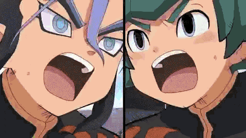 a couple of anime characters standing next to each other with their mouths open