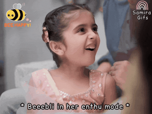 a little girl with the words beeebli in her enthu mode on the bottom