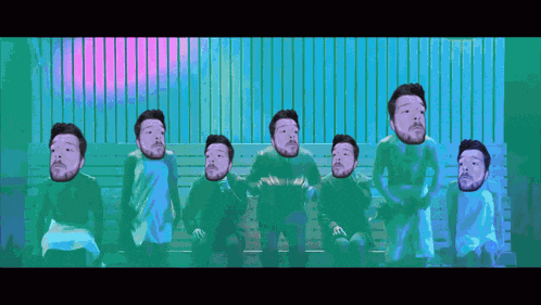 a bunch of men with their faces on a bench