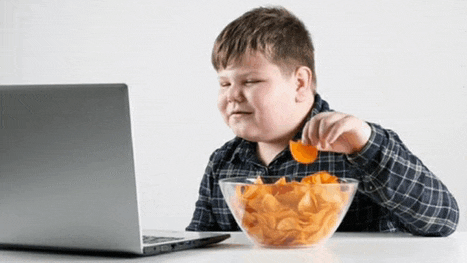 a boy is eating chips in front of a laptop computer .
