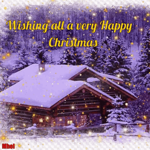 a wishing all a very happy christmas card with a cabin in the woods