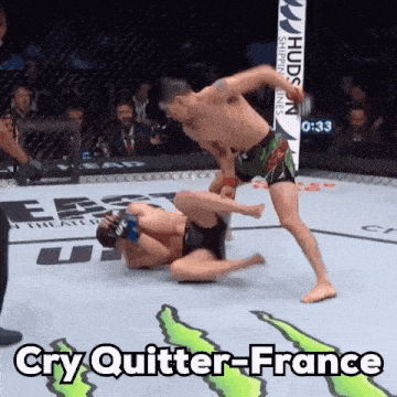 a man is wrestling another man in a boxing ring and the caption says " cry quitter france "