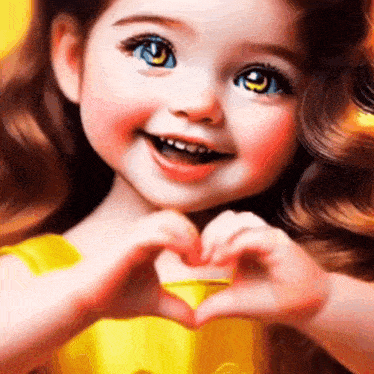 a little girl is making a heart with her hands .
