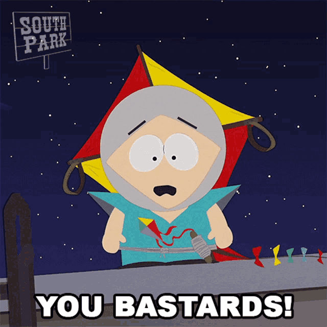 a cartoon character with a kite and the words you bastards on the bottom