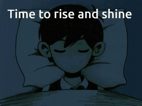 a picture of a boy sleeping with the words time to rise and shine below him