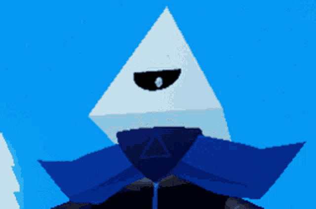 a white pyramid with a black eye and a blue triangle behind it
