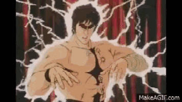 a man with a tattoo on his chest is surrounded by lightning .
