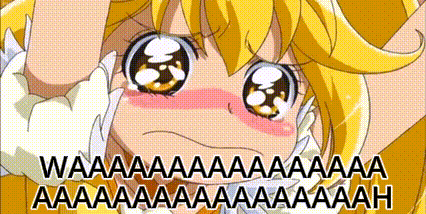a cartoon girl with a yellow hair and white gloves is making a funny face and crying .