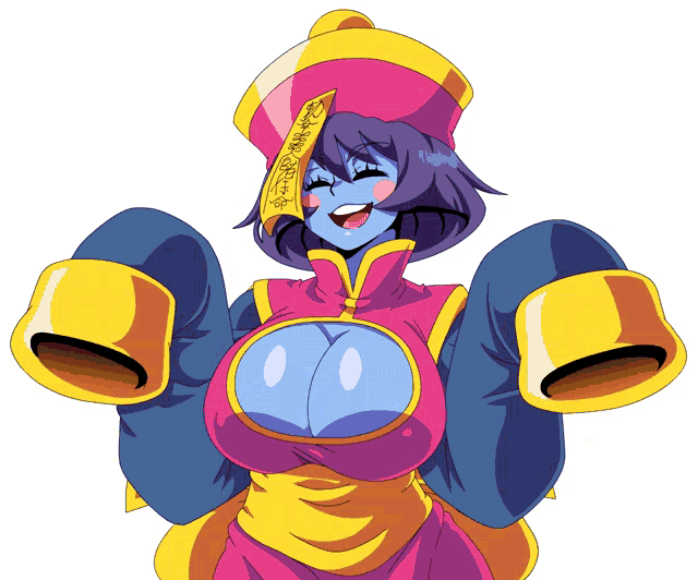 a cartoon drawing of a woman with blue hair and a yellow hat with chinese writing on it