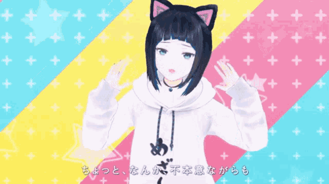 three anime girls with cat ears on their hoodies are standing next to each other