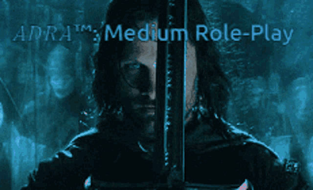 a poster of a man with a sword and the words " medium role-play " above him