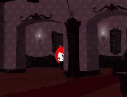 a cartoon character with red hair is standing in front of a bookcase