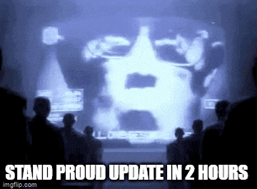 a group of people are standing in front of a large screen with a man 's face on it .