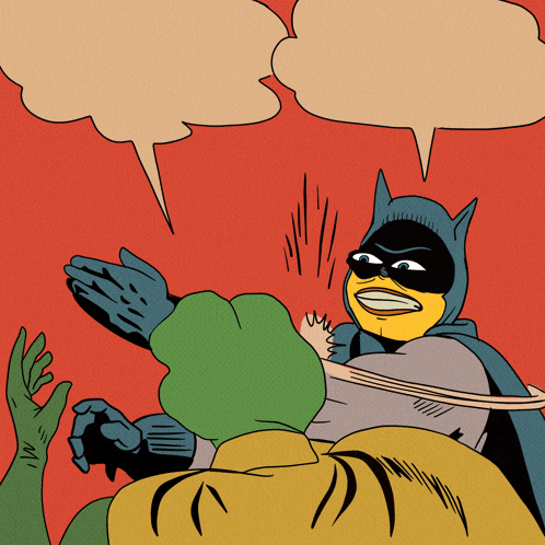 a cartoon of batman and robin with speech bubbles on a red background
