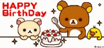 a happy birthday greeting card with two teddy bears and a duck