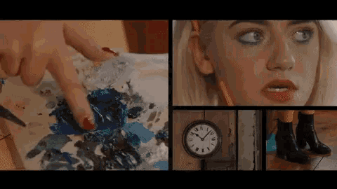 a collage of images shows a woman painting a picture and a clock with the hands on the numbers 12 and 9