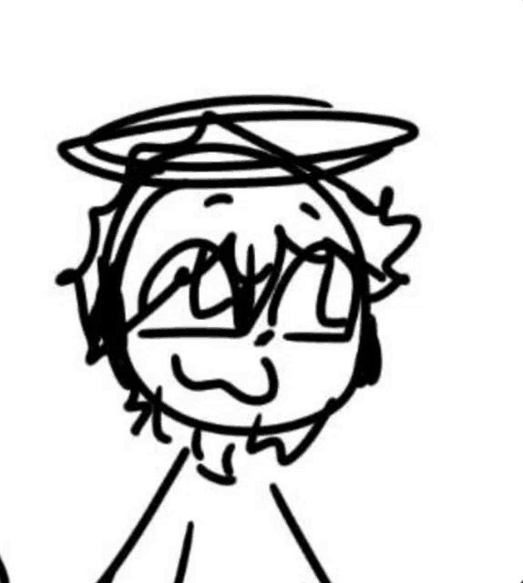 a black and white drawing of a person with a halo on his head .