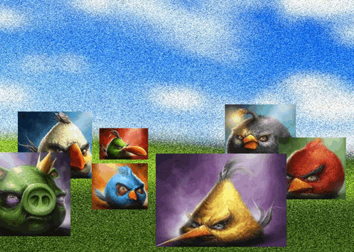 a bunch of pictures of angry birds are lined up on a grassy field
