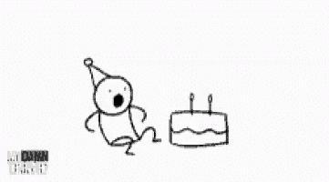 a black and white drawing of a person wearing a party hat and a birthday cake .