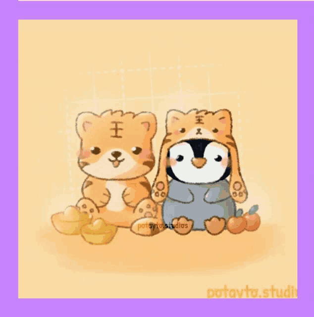 a penguin and a tiger are sitting next to each other on a yellow surface .