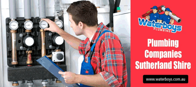 an ad for waterboys plumbing shows a man working on a machine