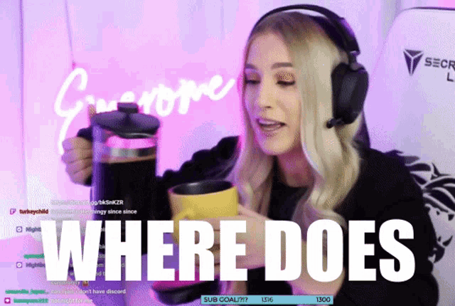 a woman wearing headphones is holding a cup of coffee and the words where does are on the screen