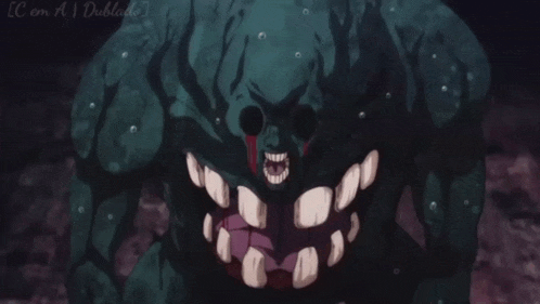 a picture of a monster with a mouth full of teeth and a caption that says com a dublado