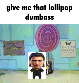 a cartoon of a man standing next to a lollipop with the words give me that lollipop dumbass
