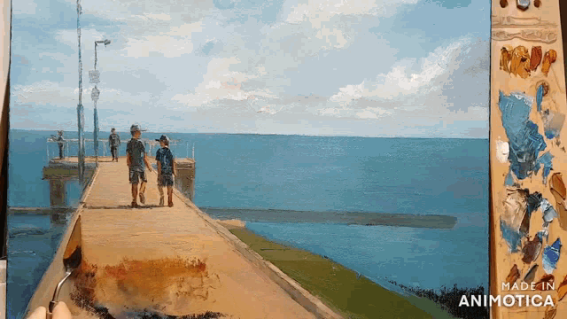 a painting of people walking on a pier with the words made in animatica below it