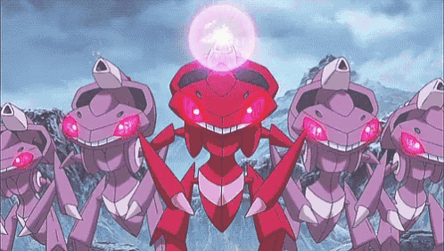 a group of red and purple monsters are standing next to each other in a line .