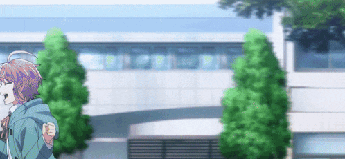 a girl with purple hair is running in front of a large building