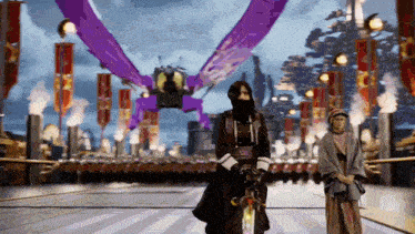 a man holding a sword stands in front of a large purple bug