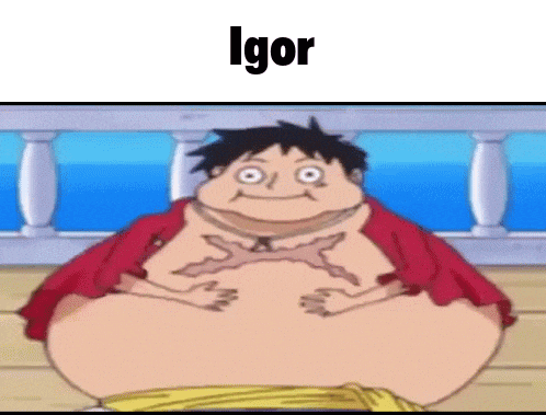 a cartoon character with a very large belly is sitting on a wooden deck .