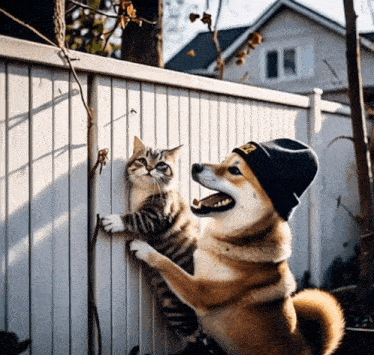 a dog wearing a beanie with the letter s on it is playing with a cat