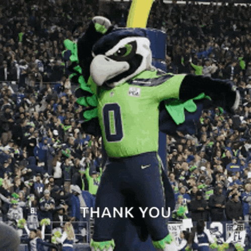 a seahawks mascot with the number 0 on his jersey