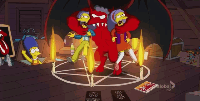 a cartoon shows a devil surrounded by candles and a book that says " satanic rituals "