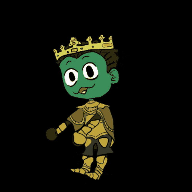 a green cartoon character wearing a gold crown and armor