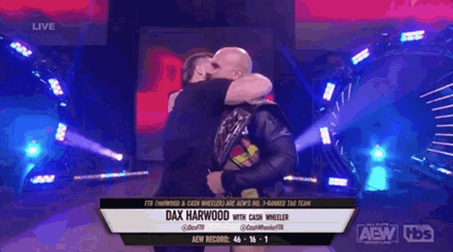 a wrestling match between dax harwood and cash wheeler is being shown live