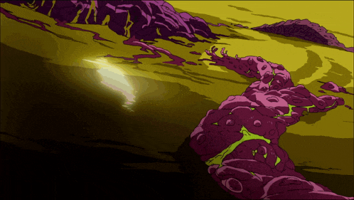 a cartoon drawing of a landscape with purple and yellow