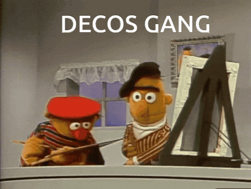 two sesame street characters are painting on an easel with the words decos gang written above them