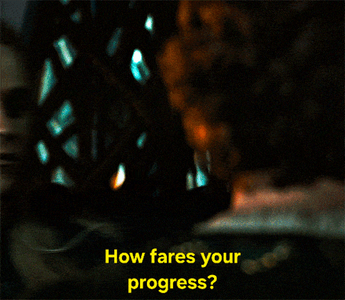 a close up of a man with the words " how fares your progress " above him