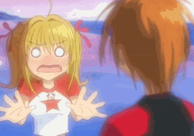 a girl in a red shirt with a star on it